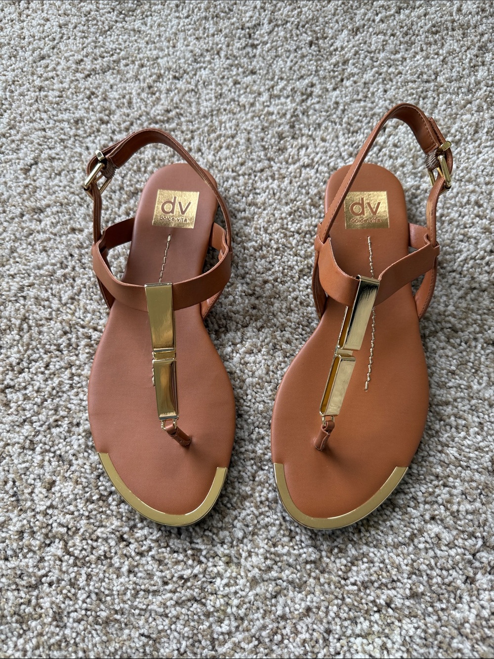 DV by Dolce Vita Brown Leather T-Strap Sandals with Gold Accents